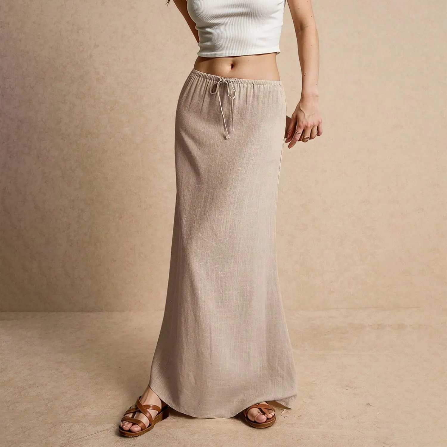 2025 Womens Boho Casual Tie Long Maxi Skirt Summer Low Waisted Casual Basic Warp Skirts for Beach Vacation Daily