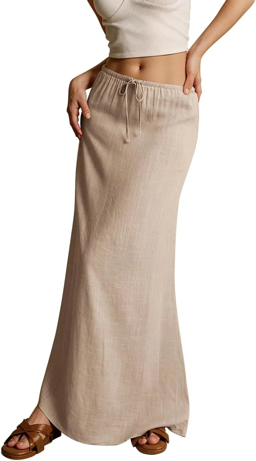 2025 Womens Boho Casual Tie Long Maxi Skirt Summer Low Waisted Casual Basic Warp Skirts for Beach Vacation Daily