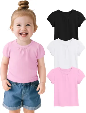 3 Pack Baby Girls Short Sleeve T-Shirts Toddler Pleated Crew Neck Shirts Cotton Tee Tops Summer Clothes Size 18M-5T