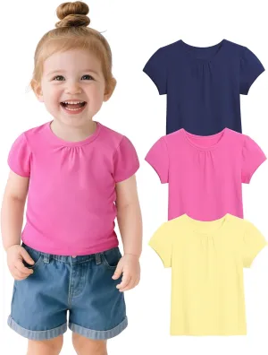 3 Pack Baby Girls Short Sleeve T-Shirts Toddler Pleated Crew Neck Shirts Cotton Tee Tops Summer Clothes Size 18M-5T