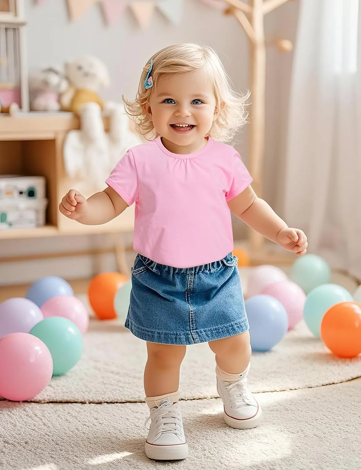 3 Pack Baby Girls Short Sleeve T-Shirts Toddler Pleated Crew Neck Shirts Cotton Tee Tops Summer Clothes Size 18M-5T