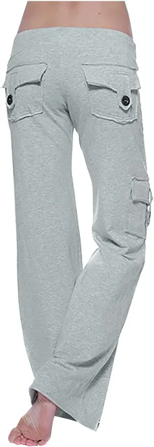 aihihe Cargo Pants for Women Bootcut Yoga Pants Wide Leg Sweatpants Plus Size Gym Workout Fitness Trousers with Button Pocket