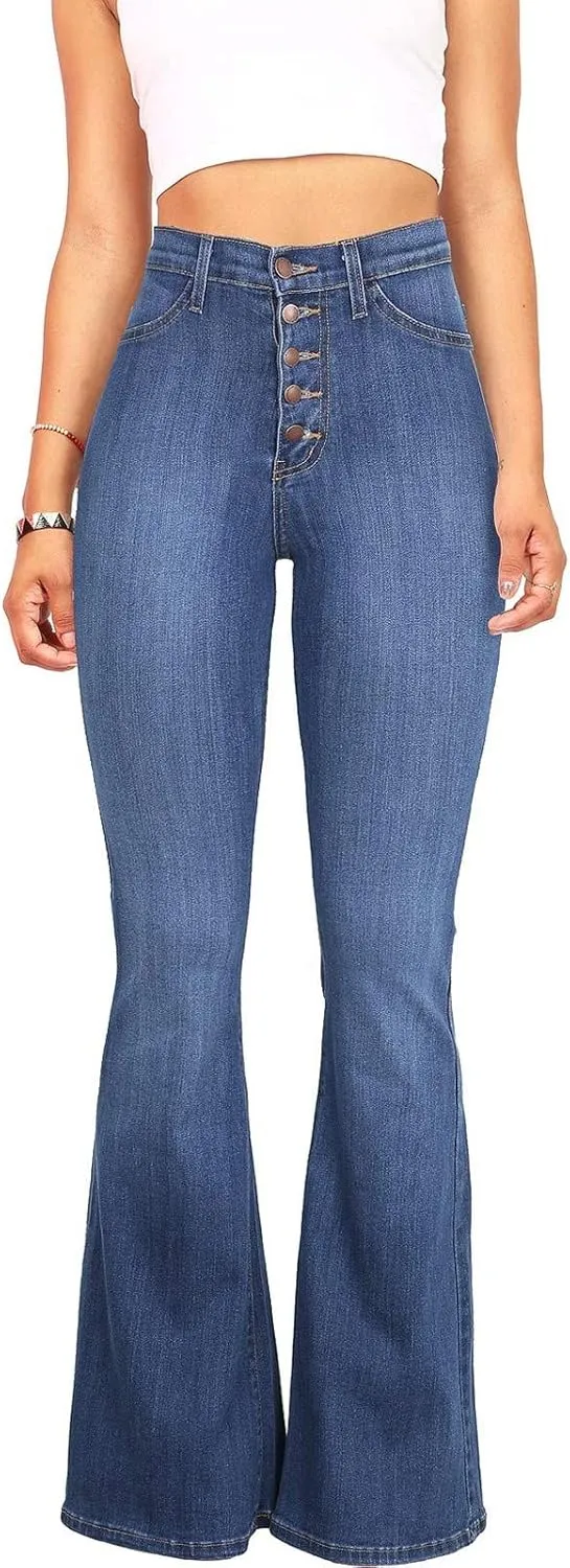 AKIWOS High Waisted Bell Bottom Jeans for Women Retro Zipper Slim Fit Long Bootcut Denim Pants Stretchy Pull On Flare Jeans