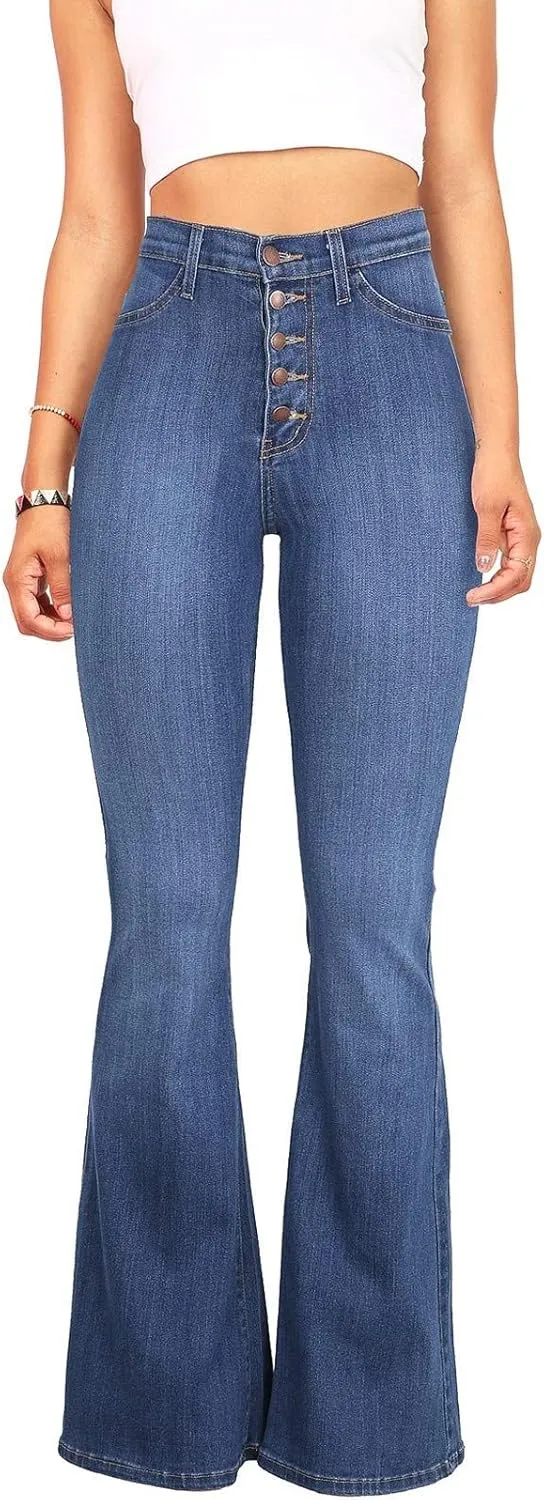 AKIWOS High Waisted Bell Bottom Jeans for Women Retro Zipper Slim Fit Long Bootcut Denim Pants Stretchy Pull On Flare Jeans
