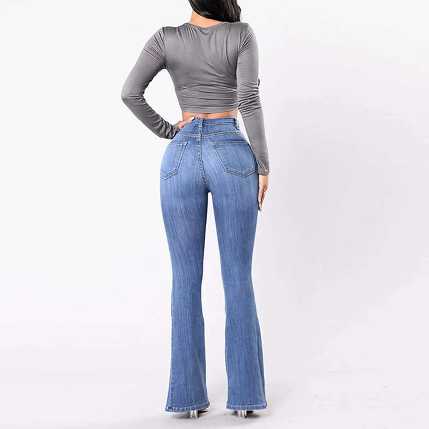 AKIWOS High Waisted Bell Bottom Jeans for Women Retro Zipper Slim Fit Long Bootcut Denim Pants Stretchy Pull On Flare Jeans