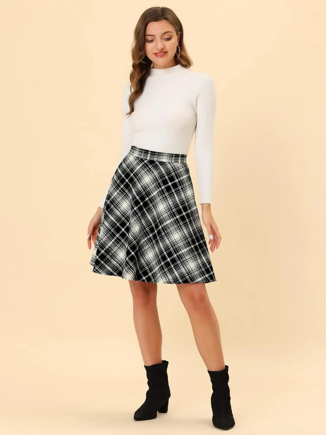 Allegra K Women's Easter Plaids Vintage Tartan Elastic Waist Knee Length A-Line Skirt