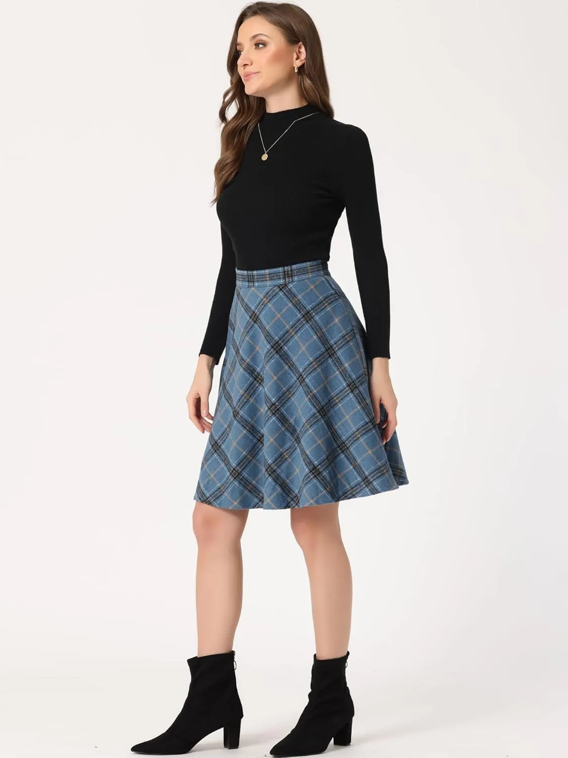 Allegra K Women's Easter Plaids Vintage Tartan Elastic Waist Knee Length A-Line Skirt