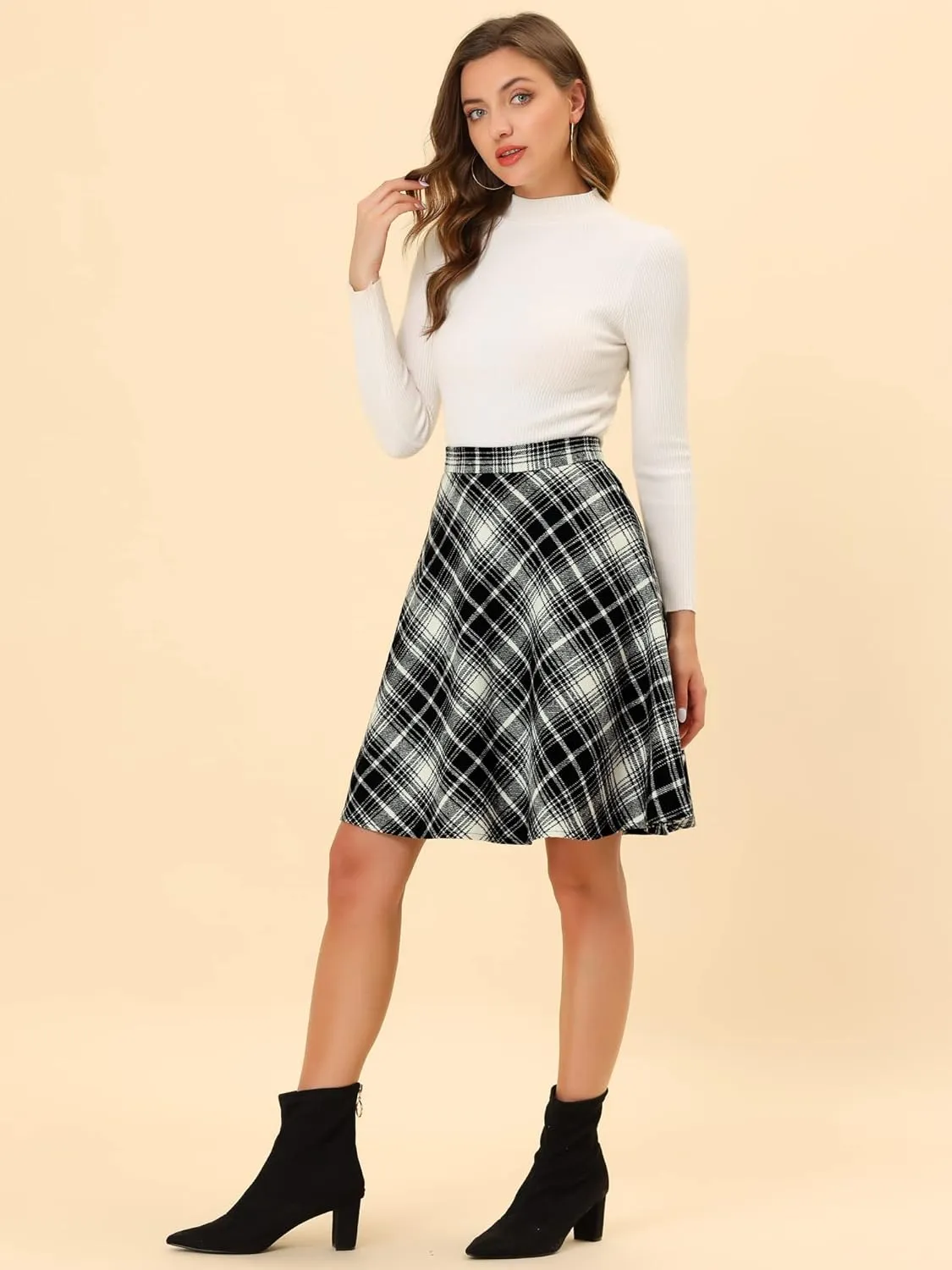 Allegra K Women's Easter Plaids Vintage Tartan Elastic Waist Knee Length A-Line Skirt
