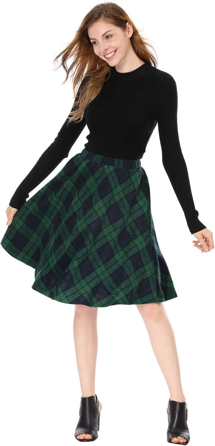 Allegra K Women's Easter Plaids Vintage Tartan Elastic Waist Knee Length A-Line Skirt