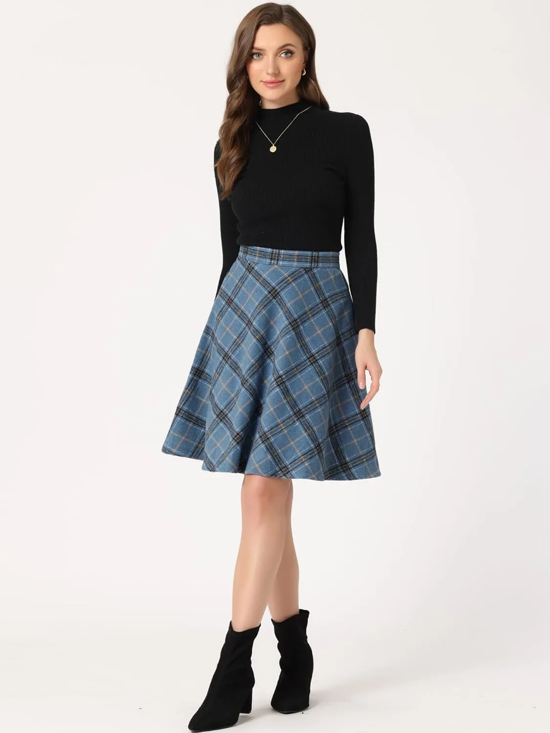 Allegra K Women's Easter Plaids Vintage Tartan Elastic Waist Knee Length A-Line Skirt