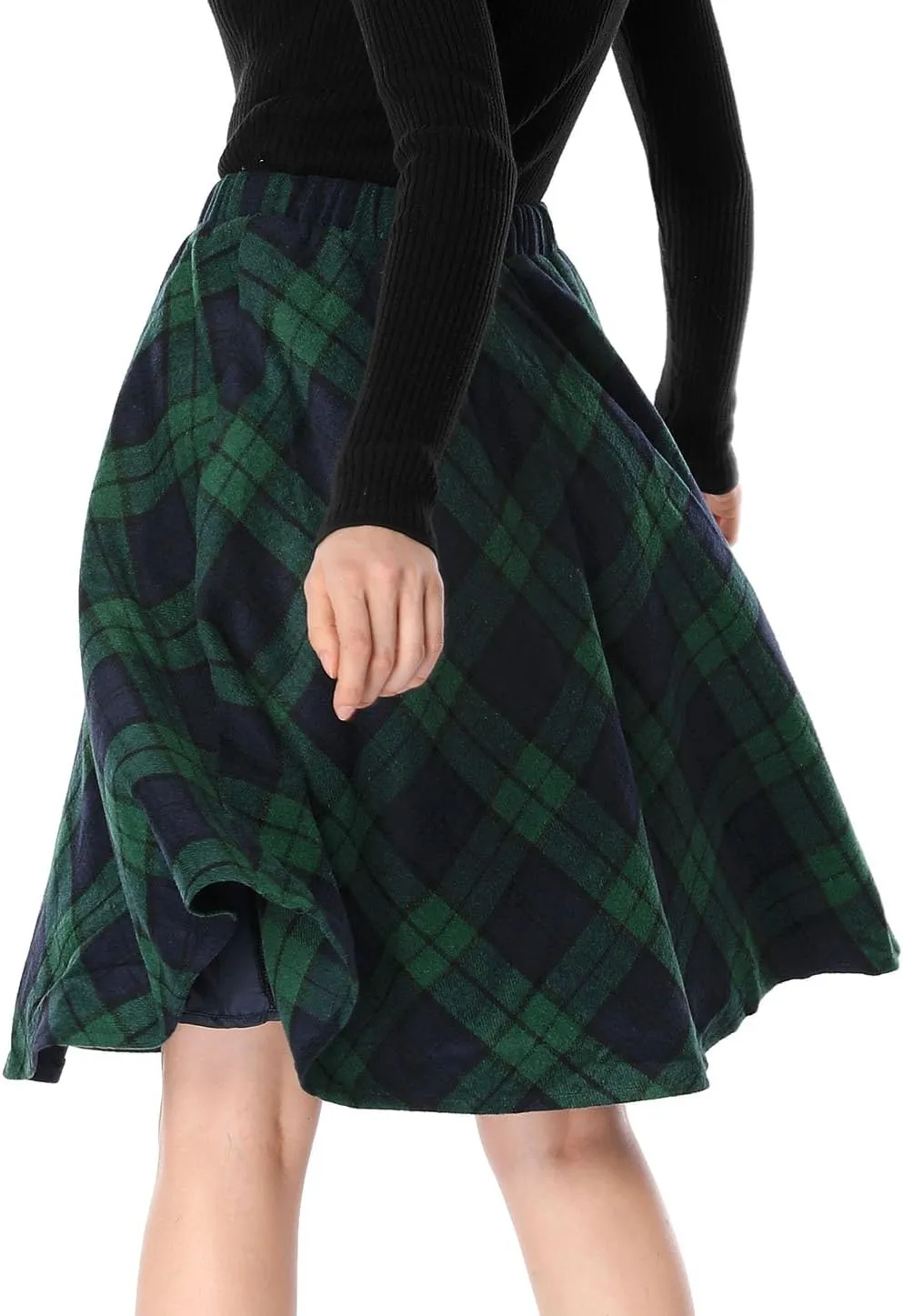 Allegra K Women's Easter Plaids Vintage Tartan Elastic Waist Knee Length A-Line Skirt