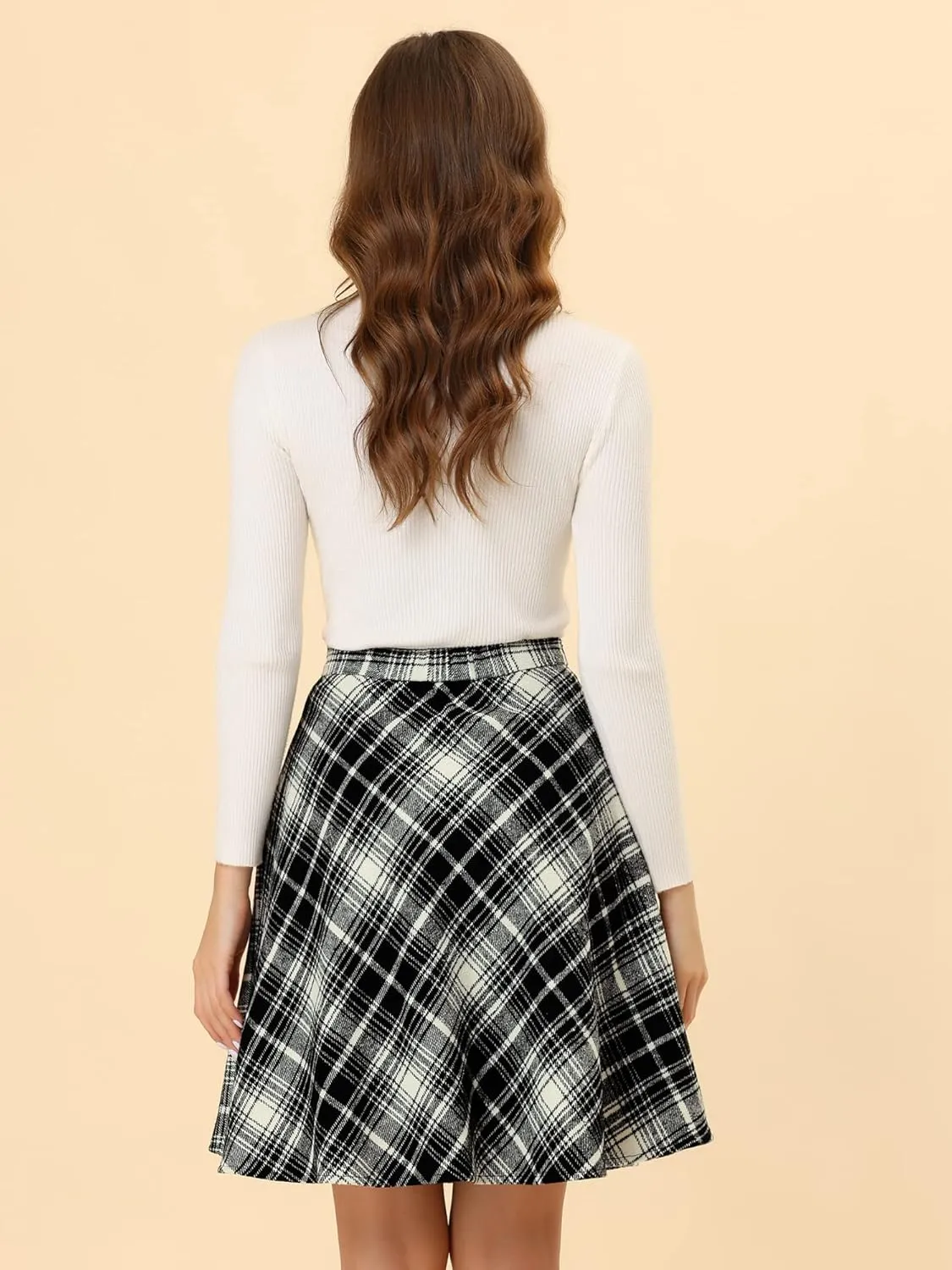 Allegra K Women's Easter Plaids Vintage Tartan Elastic Waist Knee Length A-Line Skirt
