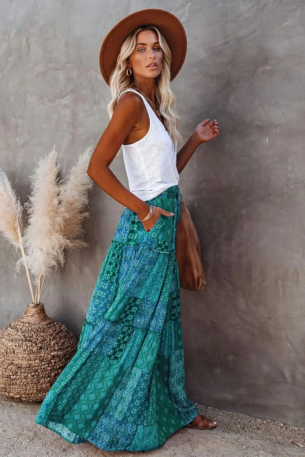 ALUWU Women's Long Maxi Bohemian High Waist A Line Skirt with Pockets