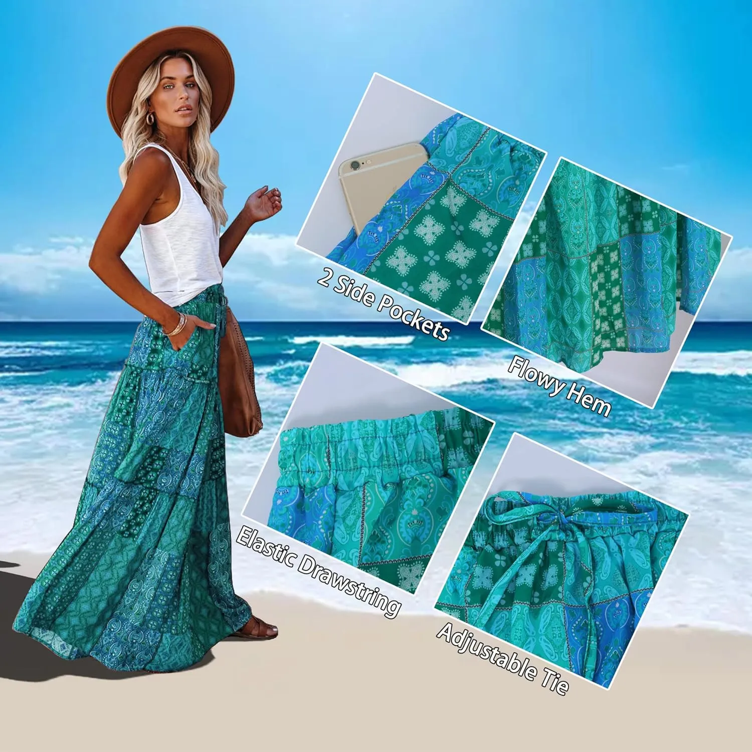 ALUWU Women's Long Maxi Bohemian High Waist A Line Skirt with Pockets
