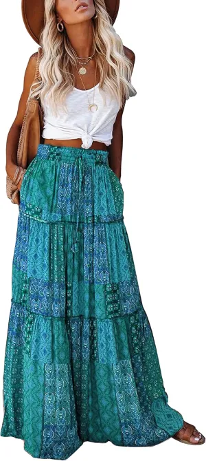 ALUWU Women's Long Maxi Bohemian High Waist A Line Skirt with Pockets