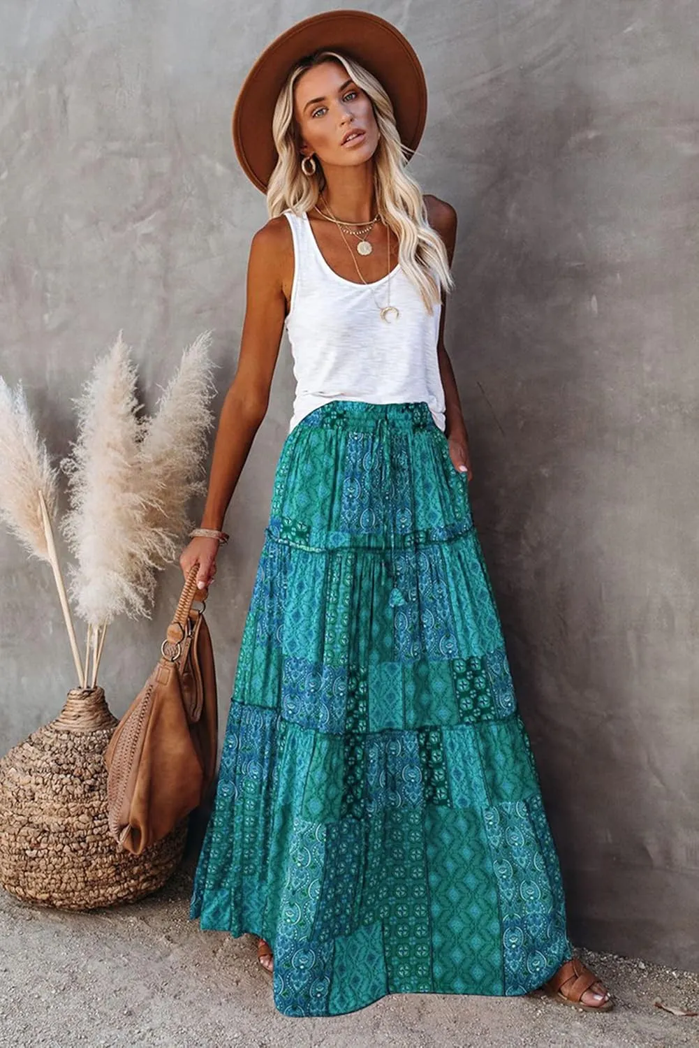 ALUWU Women's Long Maxi Bohemian High Waist A Line Skirt with Pockets