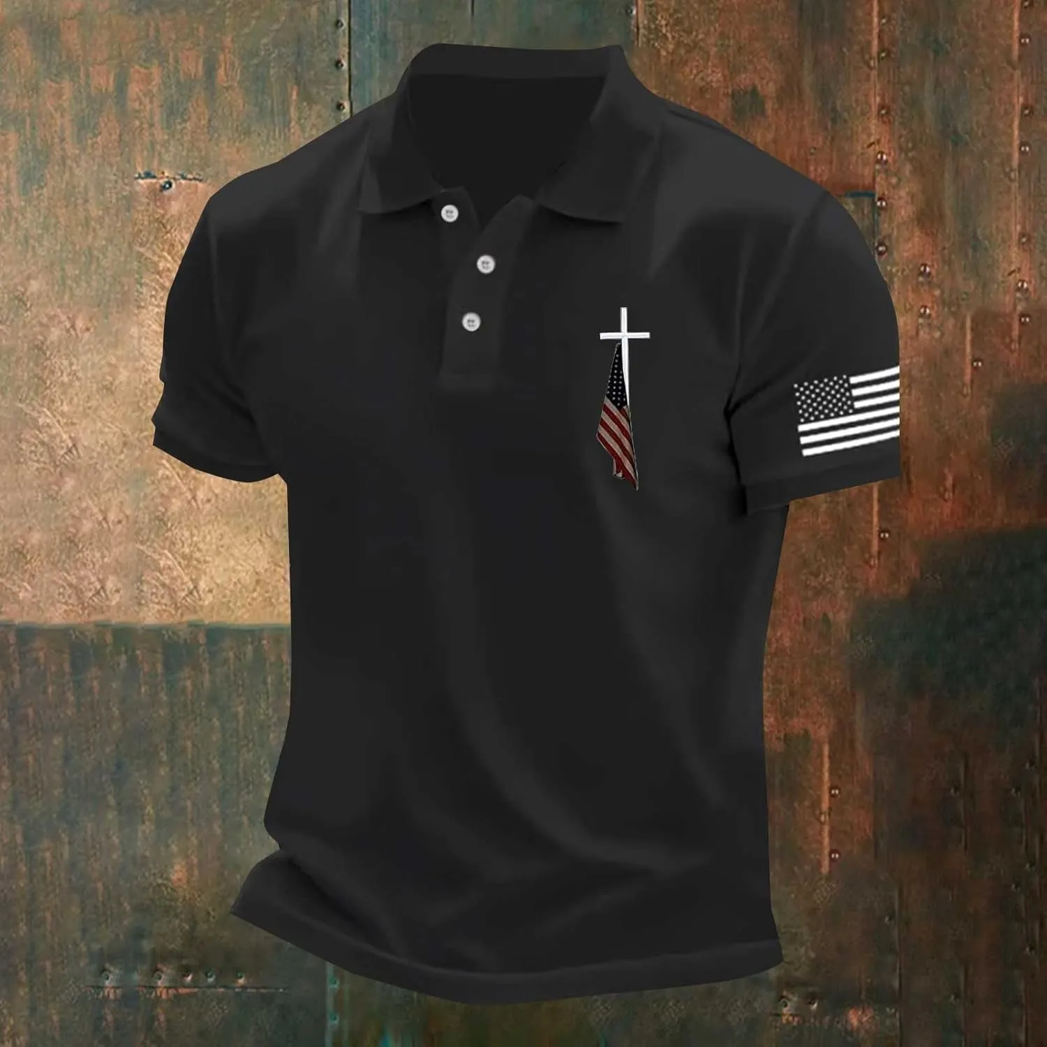 American Flag Polo Shirt for Men 4th of July Patriotic Tee Button Lapel Short Sleeve Top Cross Nail Embroidered Shirt