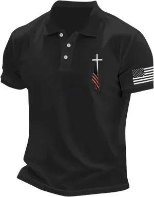 American Flag Polo Shirt for Men 4th of July Patriotic Tee Button Lapel Short Sleeve Top Cross Nail Embroidered Shirt