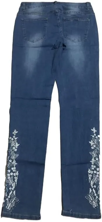 Andongnywell Women's Embroidered High Waist Skinny Fit Cropped Denim Pants Embroidery Jeans Trousers