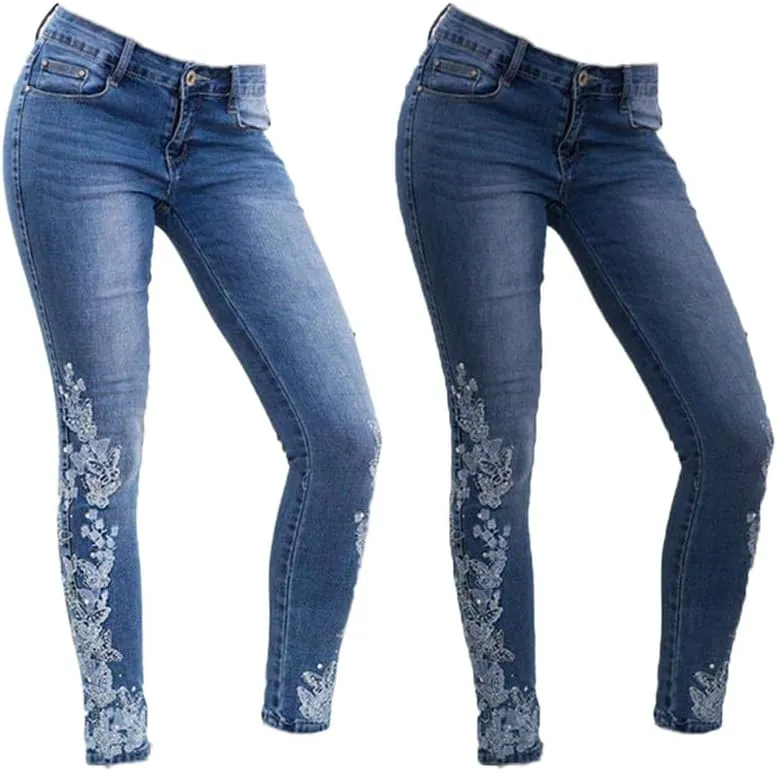 Andongnywell Women's Embroidered High Waist Skinny Fit Cropped Denim Pants Embroidery Jeans Trousers