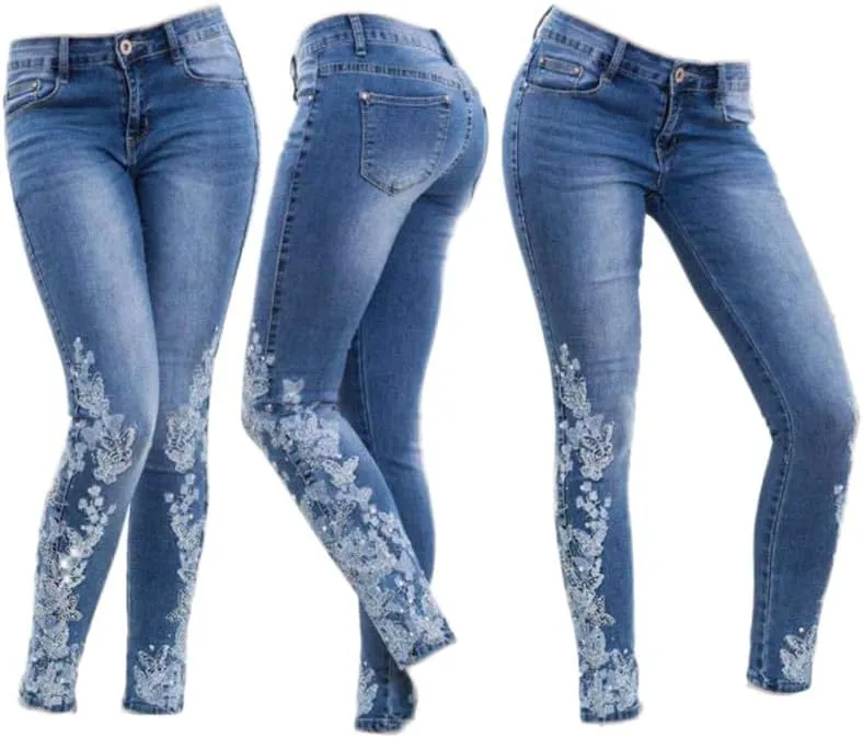 Andongnywell Women's Embroidered High Waist Skinny Fit Cropped Denim Pants Embroidery Jeans Trousers