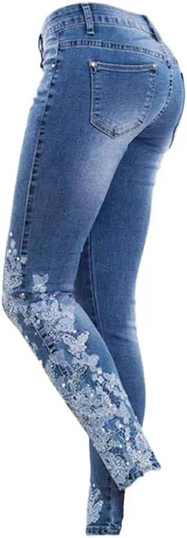 Andongnywell Women's Embroidered High Waist Skinny Fit Cropped Denim Pants Embroidery Jeans Trousers