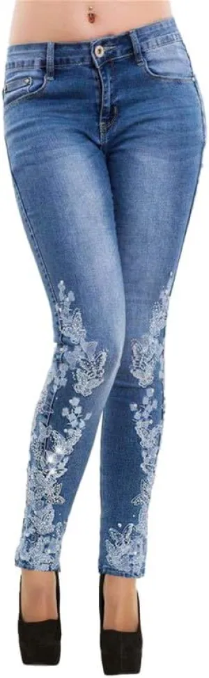Andongnywell Women's Embroidered High Waist Skinny Fit Cropped Denim Pants Embroidery Jeans Trousers