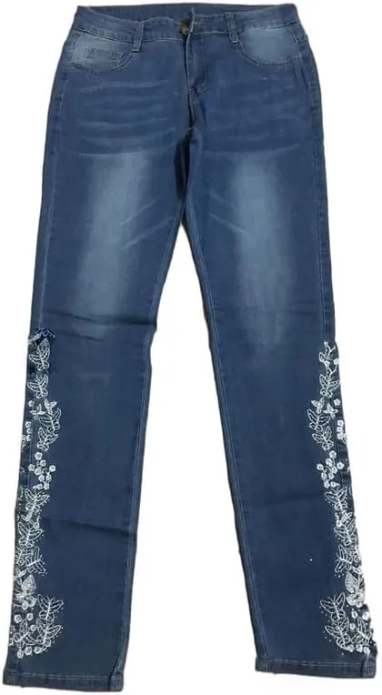 Andongnywell Women's Embroidered High Waist Skinny Fit Cropped Denim Pants Embroidery Jeans Trousers