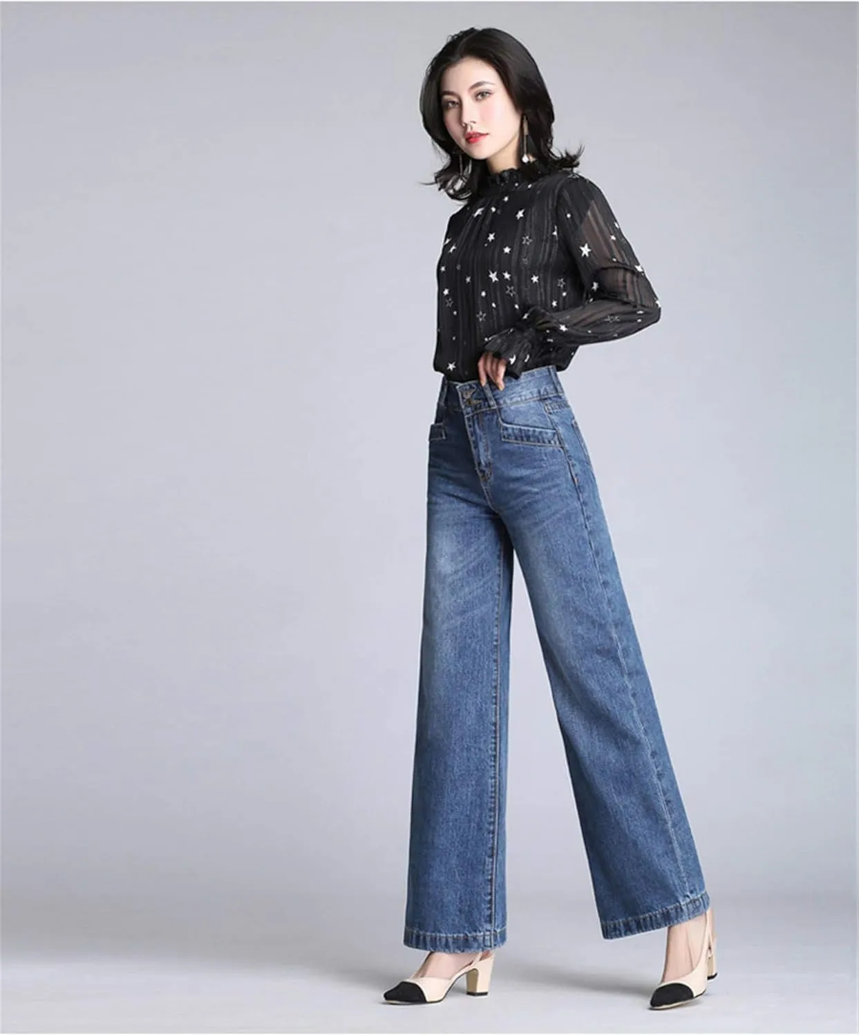 Andongnywell Women's High Waist Slim Straight Wide-Leg Flared Jeans Loose Bell Bottom Cropped Denim Pants