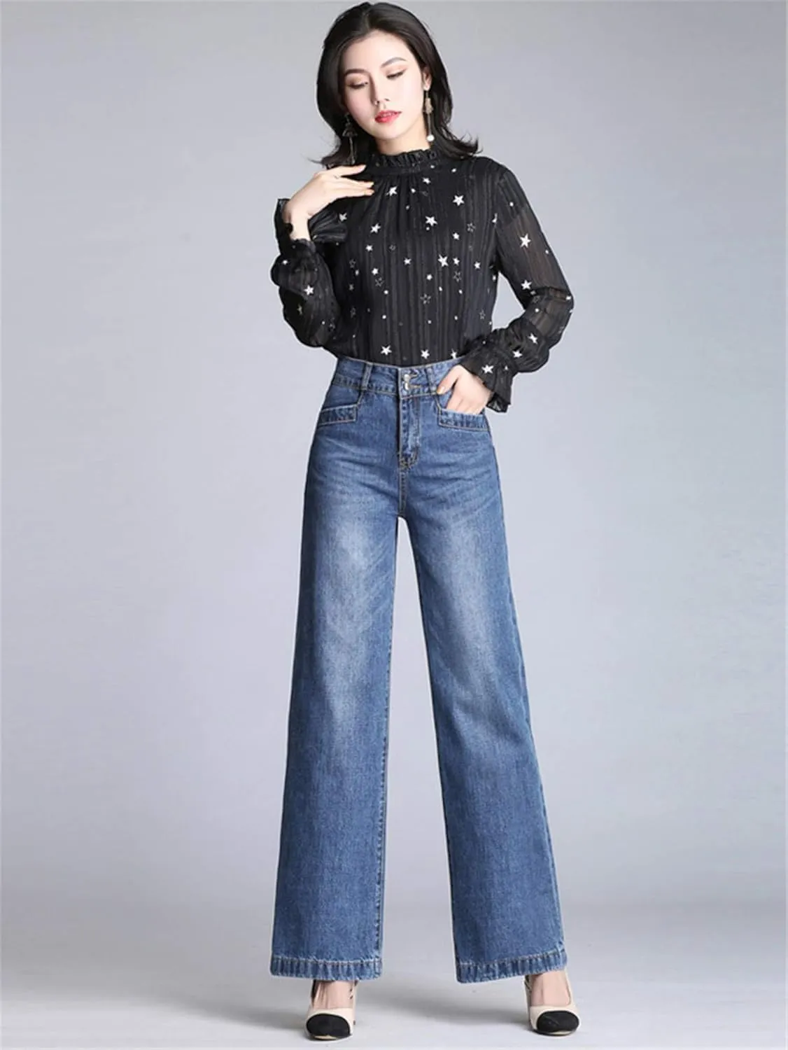 Andongnywell Women's High Waist Slim Straight Wide-Leg Flared Jeans Loose Bell Bottom Cropped Denim Pants