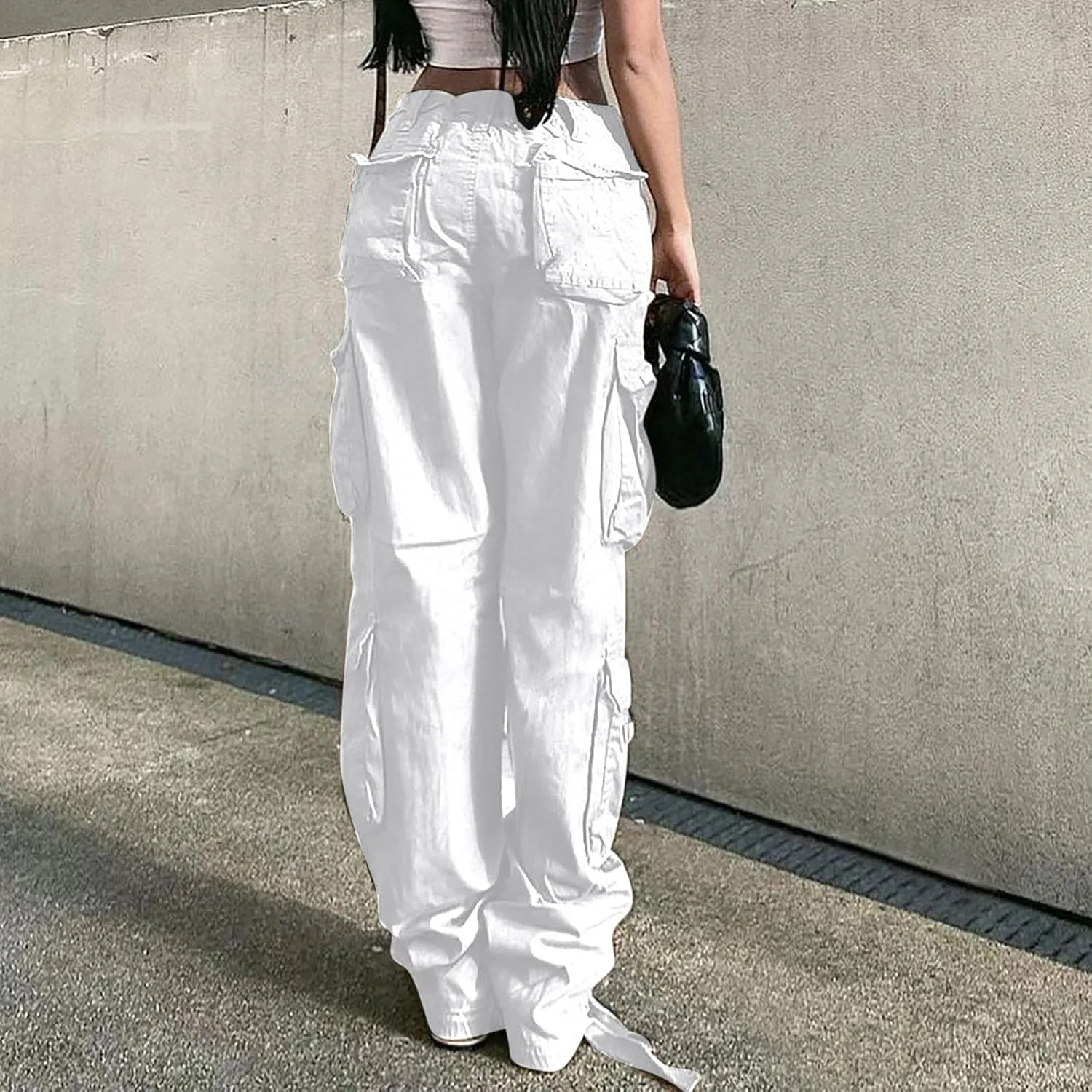 Anjikang Parachute Cargo Pants for Women Y2K Teen Girls Trendy Low Waist Wide Leg Cargos Multi Pockets Travel Hiking Trousers