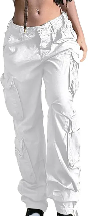 Anjikang Parachute Cargo Pants for Women Y2K Teen Girls Trendy Low Waist Wide Leg Cargos Multi Pockets Travel Hiking Trousers