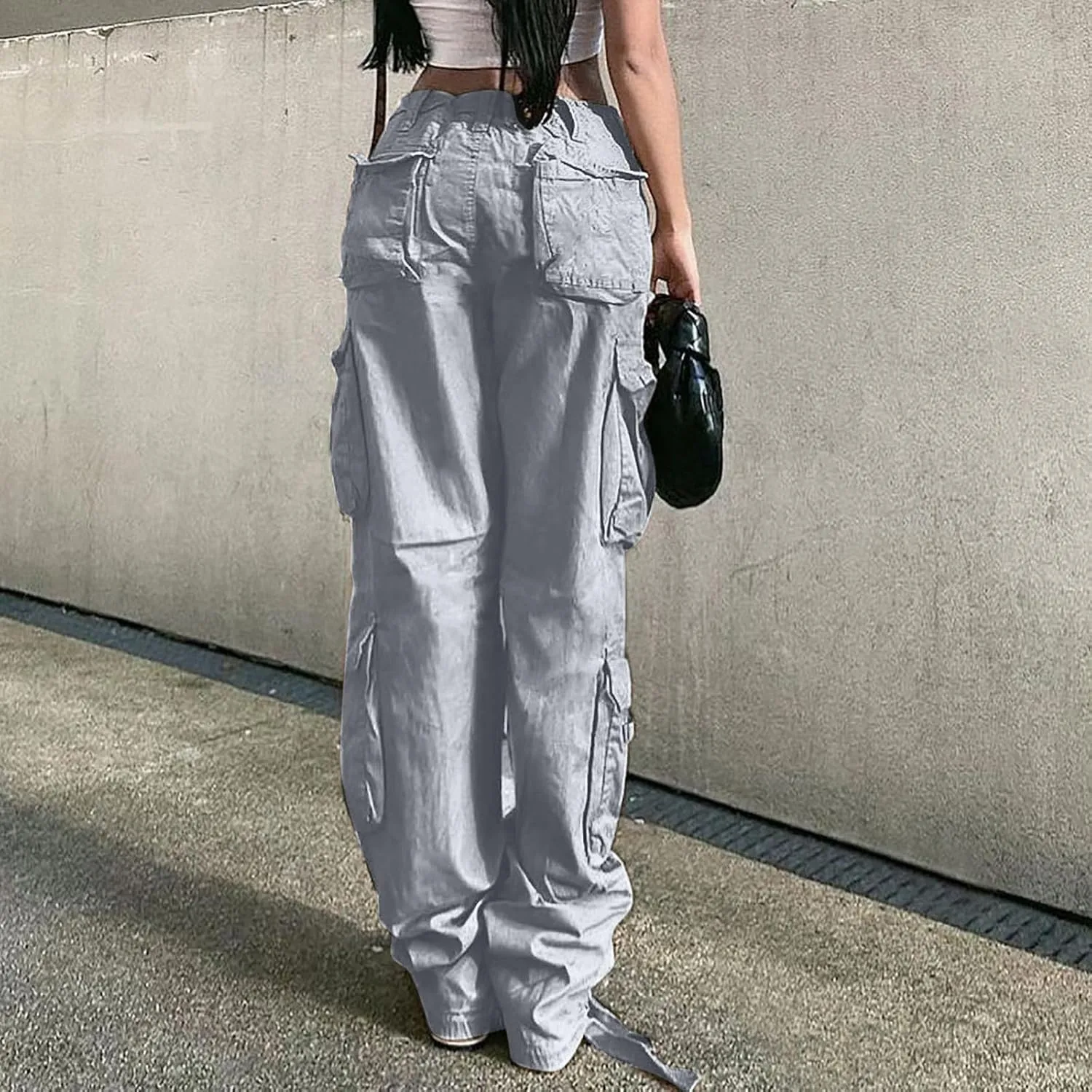 Anjikang Parachute Cargo Pants for Women Y2K Teen Girls Trendy Low Waist Wide Leg Cargos Multi Pockets Travel Hiking Trousers