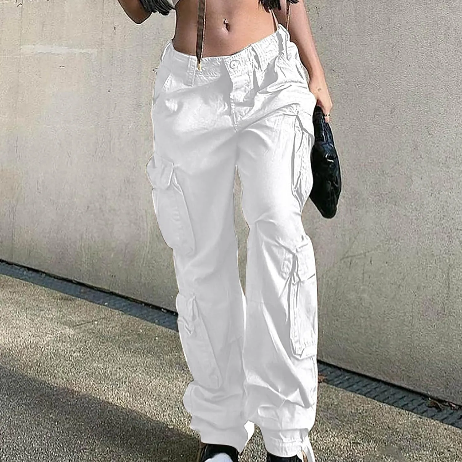 Anjikang Parachute Cargo Pants for Women Y2K Teen Girls Trendy Low Waist Wide Leg Cargos Multi Pockets Travel Hiking Trousers