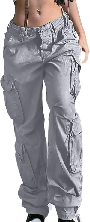 Anjikang Parachute Cargo Pants for Women Y2K Teen Girls Trendy Low Waist Wide Leg Cargos Multi Pockets Travel Hiking Trousers