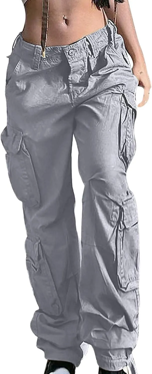 Anjikang Parachute Cargo Pants for Women Y2K Teen Girls Trendy Low Waist Wide Leg Cargos Multi Pockets Travel Hiking Trousers