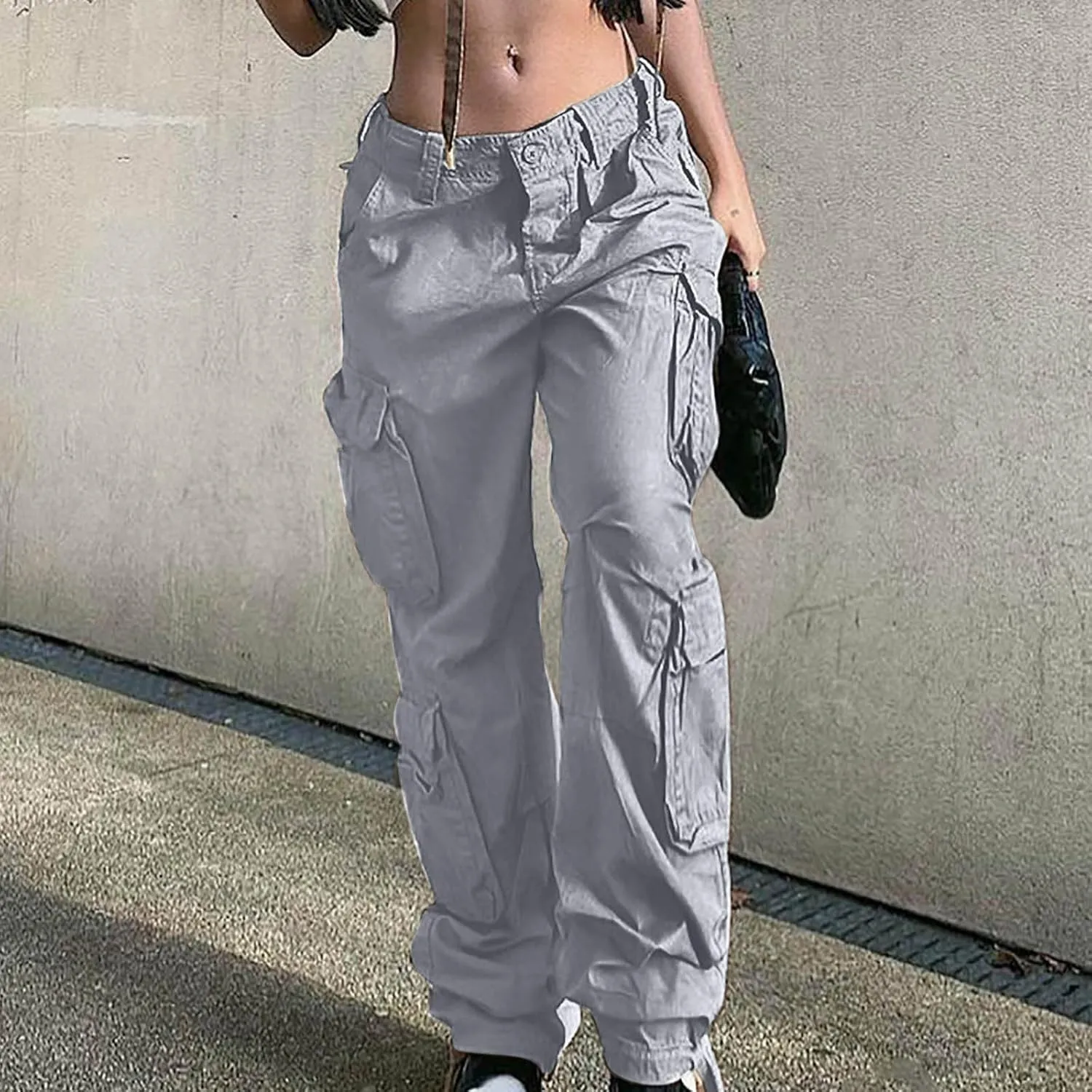 Anjikang Parachute Cargo Pants for Women Y2K Teen Girls Trendy Low Waist Wide Leg Cargos Multi Pockets Travel Hiking Trousers