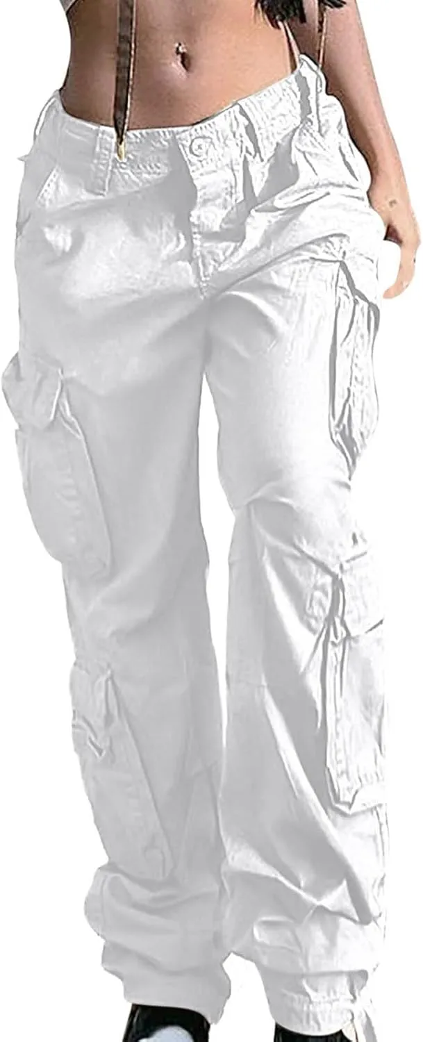 Anjikang Parachute Cargo Pants for Women Y2K Teen Girls Trendy Low Waist Wide Leg Cargos Multi Pockets Travel Hiking Trousers