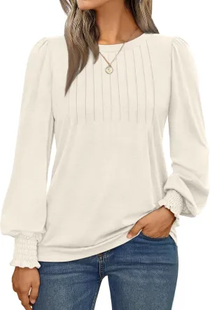 AUTOMET Long Sleeve Shirts Womens Pleated Business Casual Blouses with Smocked Cuffs