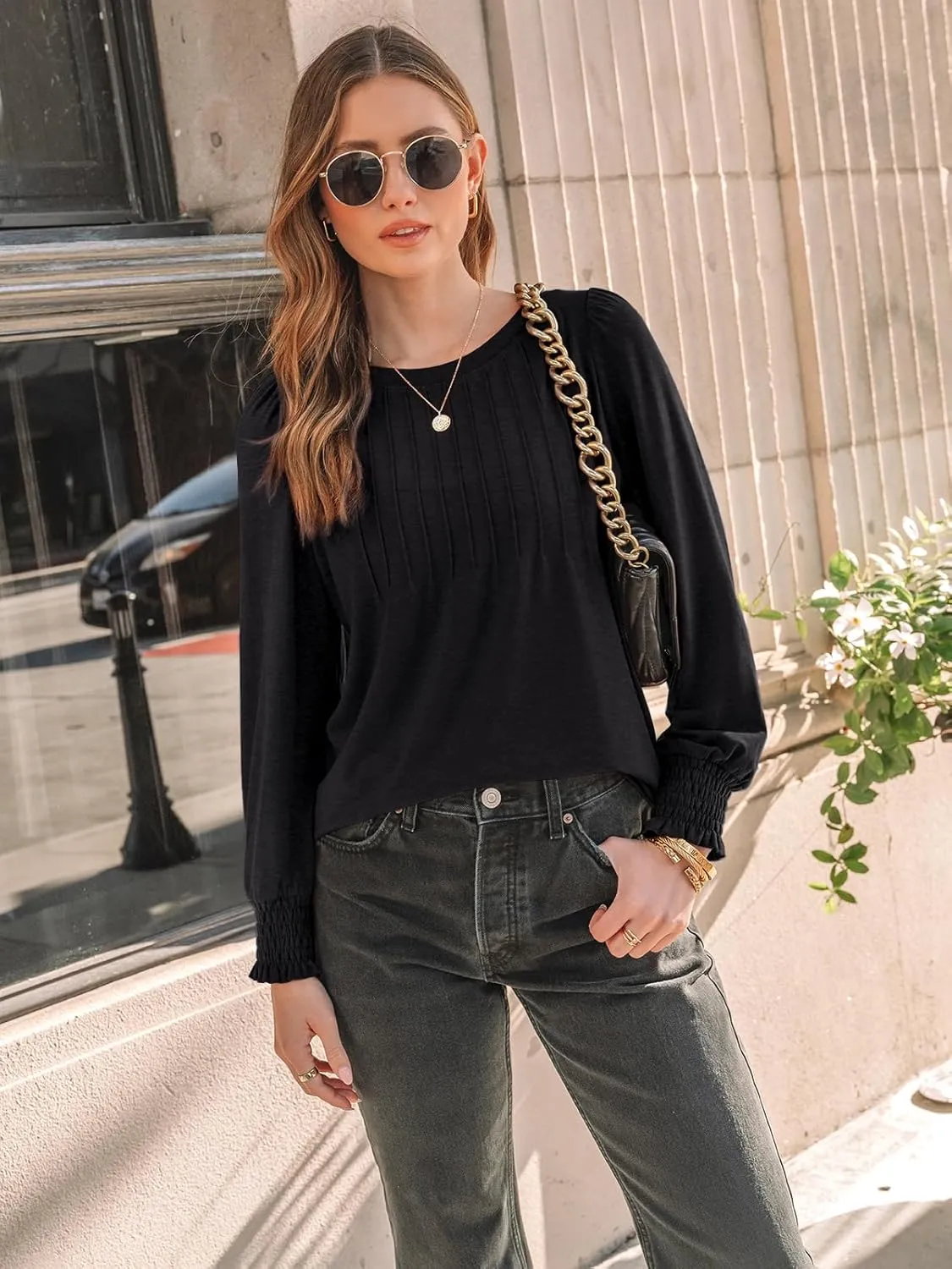 AUTOMET Long Sleeve Shirts Womens Pleated Business Casual Blouses with Smocked Cuffs
