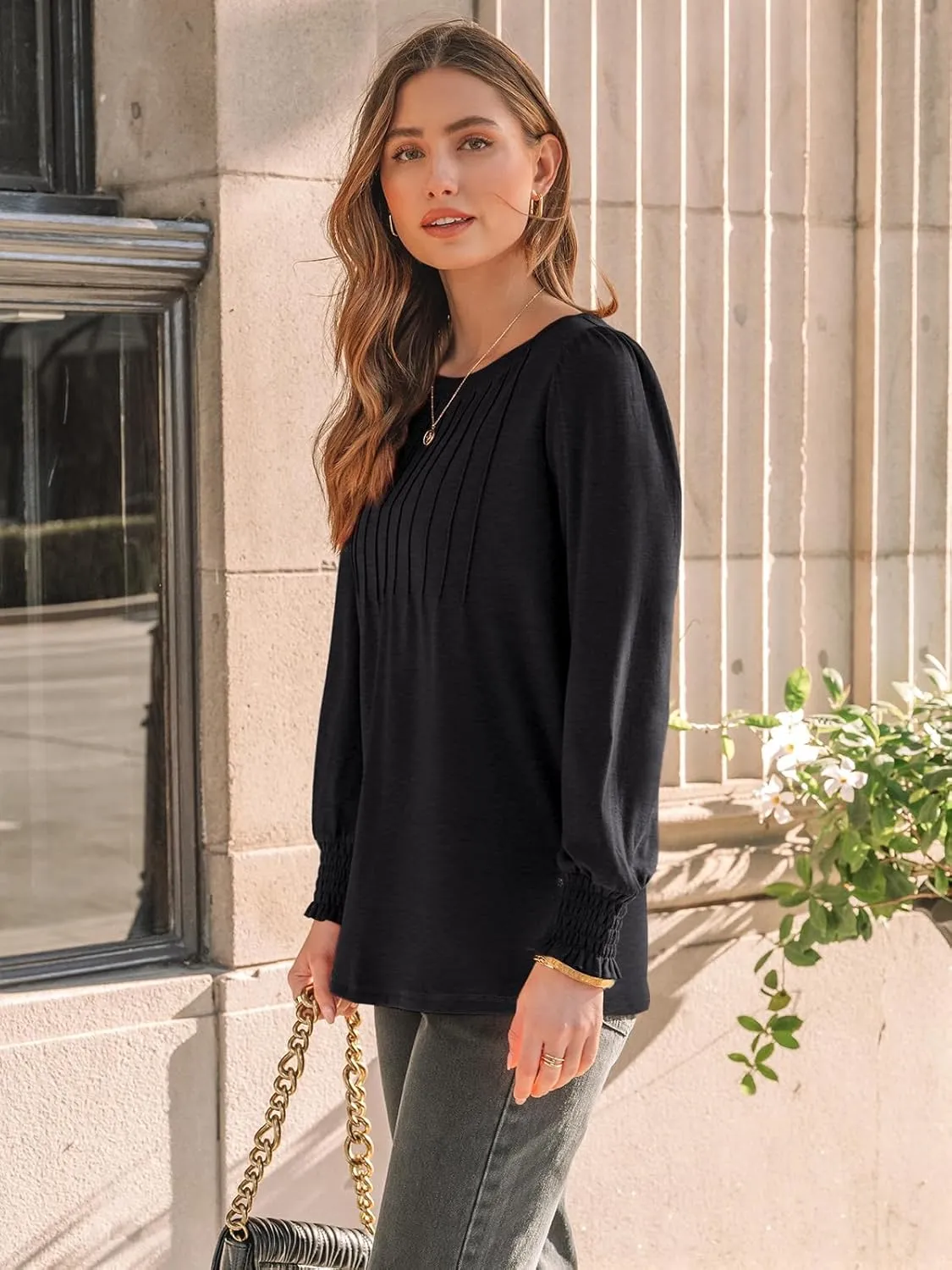 AUTOMET Long Sleeve Shirts Womens Pleated Business Casual Blouses with Smocked Cuffs