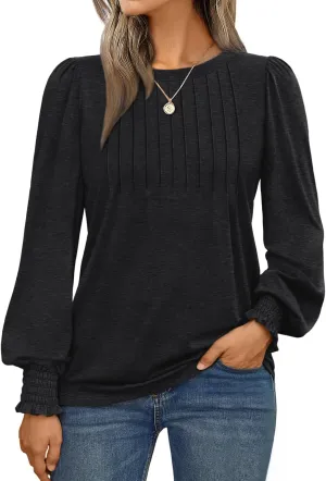 AUTOMET Long Sleeve Shirts Womens Pleated Business Casual Blouses with Smocked Cuffs