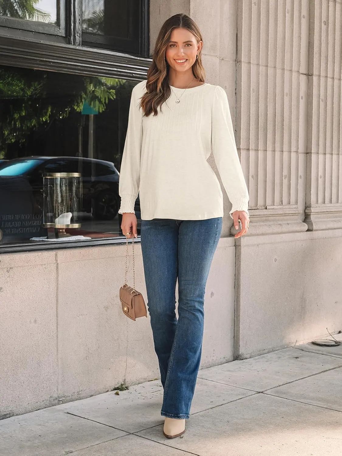 AUTOMET Long Sleeve Shirts Womens Pleated Business Casual Blouses with Smocked Cuffs