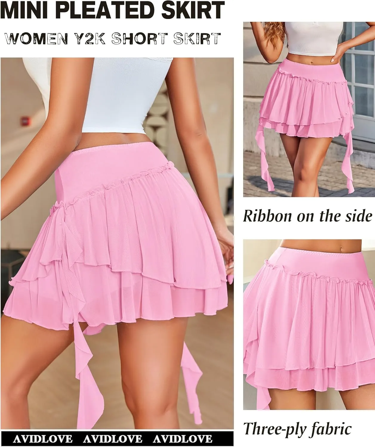 Avidlove Women's Pleated Mini Skirt Mesh Layered Ruffled Skirt Casual Ruffles Flowy Skorts S-XXL