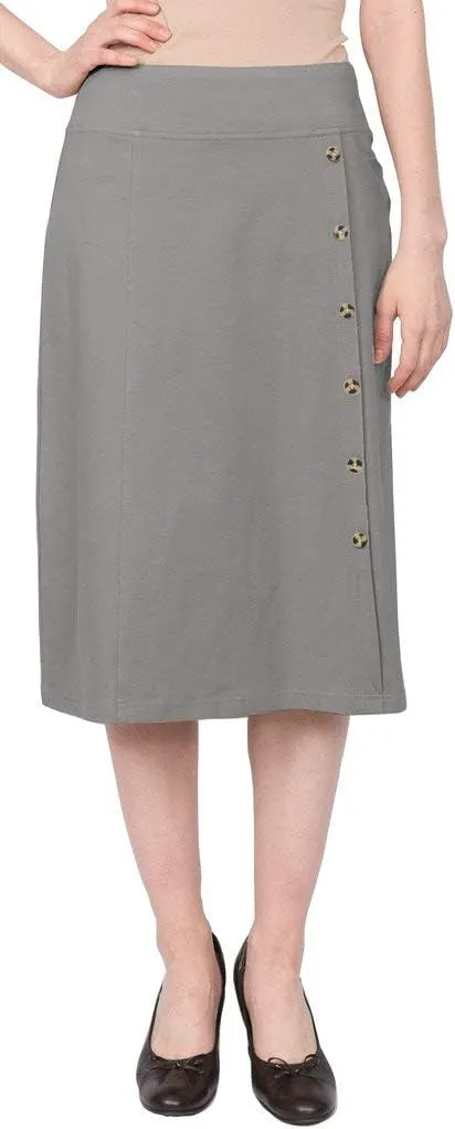 Baby'O Women's Stretch Cotton Knit Faux Button Front Below The Knee A-Line Skirt