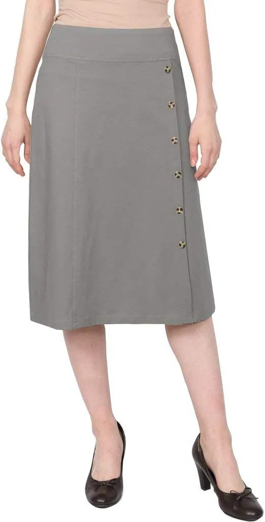 Baby'O Women's Stretch Cotton Knit Faux Button Front Below The Knee A-Line Skirt