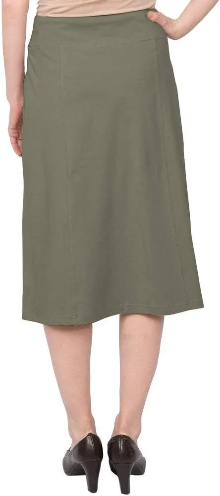 Baby'O Women's Stretch Cotton Knit Faux Button Front Below The Knee A-Line Skirt
