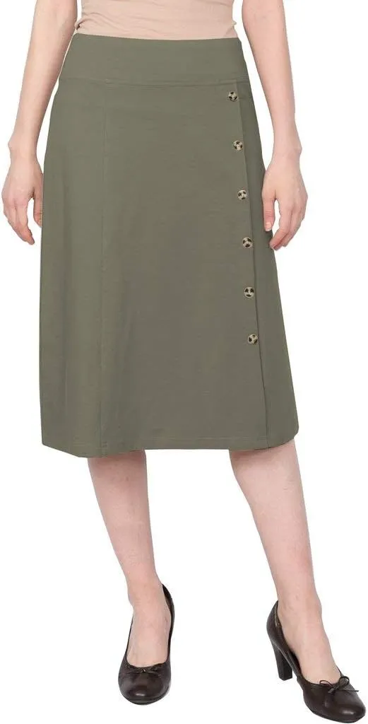 Baby'O Women's Stretch Cotton Knit Faux Button Front Below The Knee A-Line Skirt