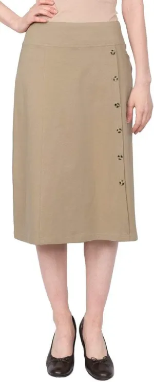Baby'O Women's Stretch Cotton Knit Faux Button Front Below The Knee A-Line Skirt
