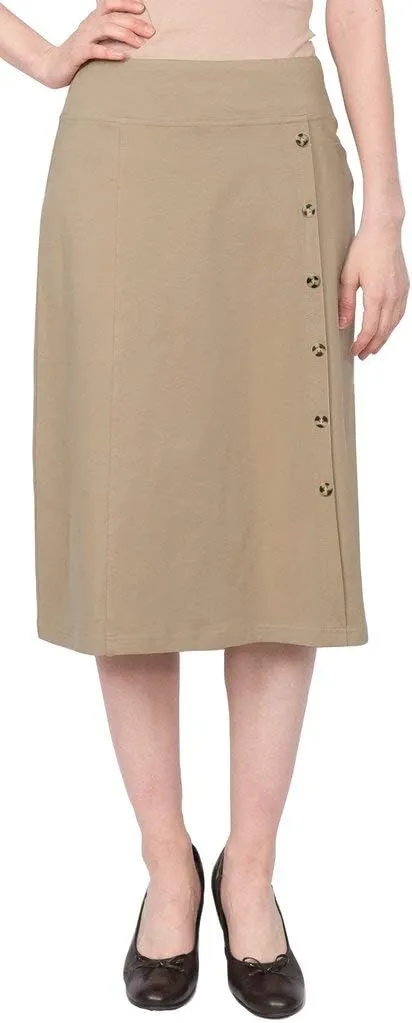Baby'O Women's Stretch Cotton Knit Faux Button Front Below The Knee A-Line Skirt